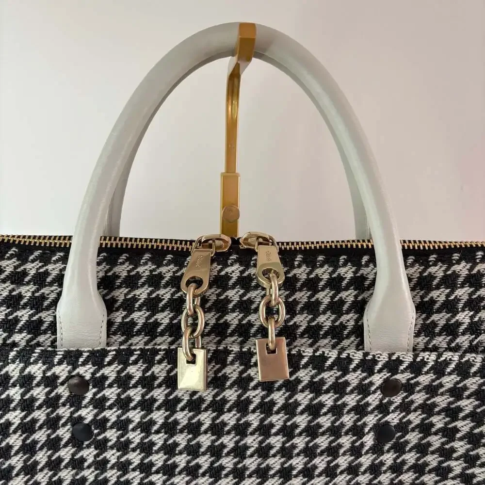 Chloe Black and White Houndstooth Wool Briefcase Bag